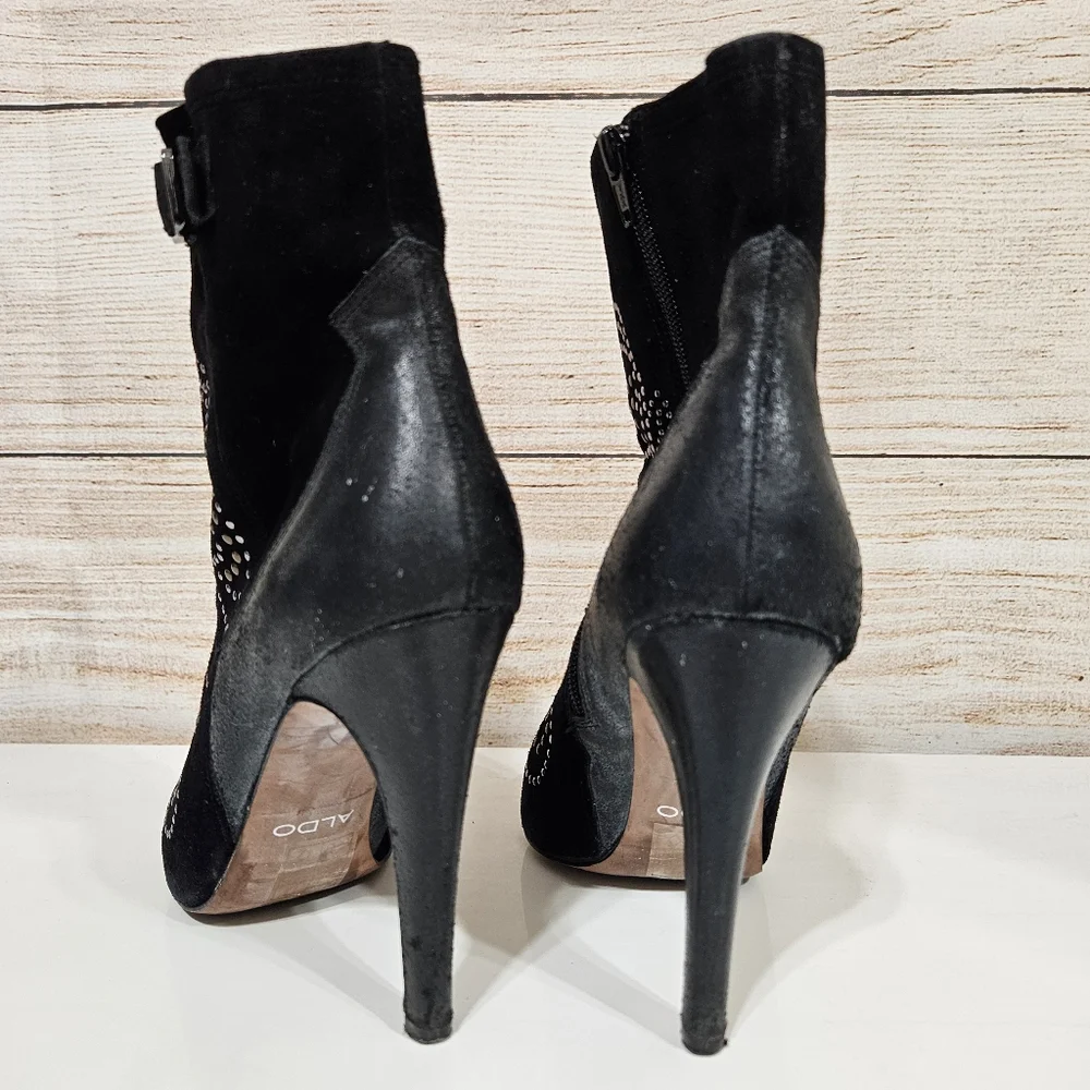 Aldo Jodetha Black Suede Ankle Bootie Heeled Boots 8.5 Silver Blonze Studs - Picture 6 of 12